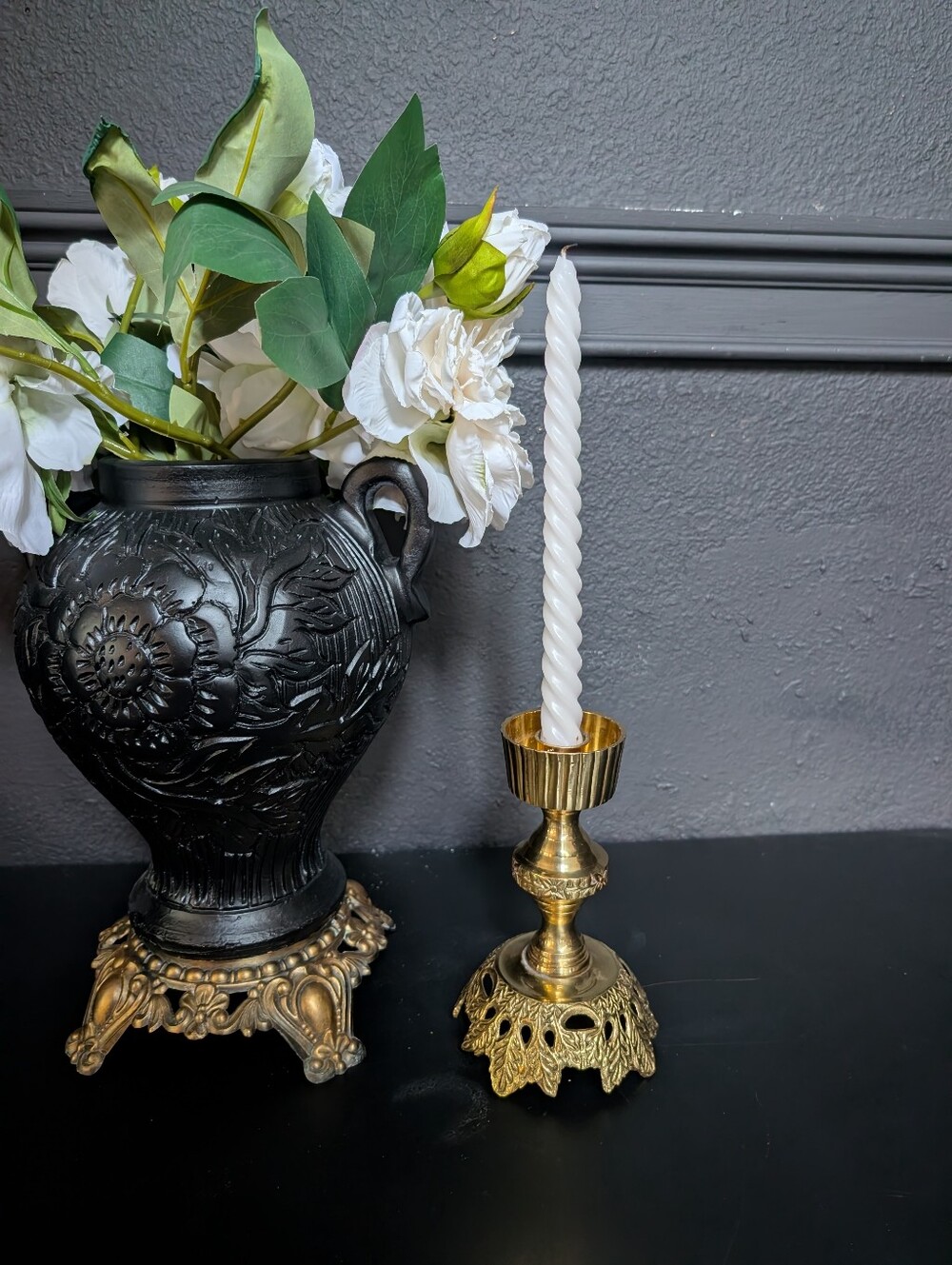 Vintage Solid Brass Ornate Leaf Detail Candle Holder, Hollywood Regency Decor 7.